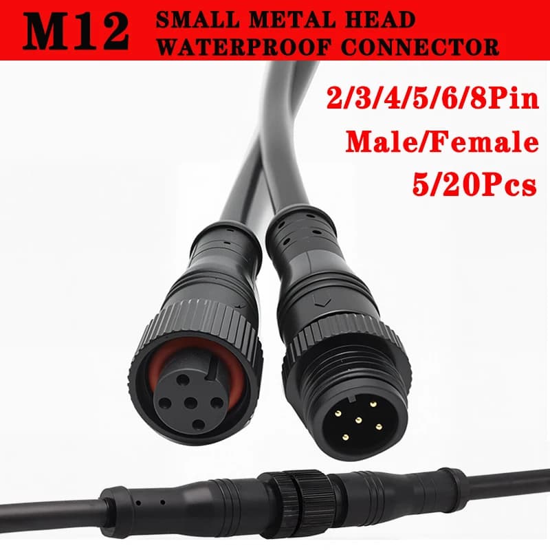 5/20Pcs M12 Small Metal Head Waterproof IP68 2/3/4/5/6/8 Pin Power Cable Wire Plug for LED Strip Male and Female Connector 20CM