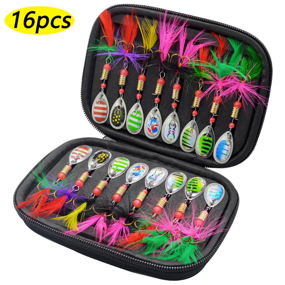 16 pz/borsa Paillettes Cucchiaio di Metallo Spinner Esche Da Pesca Spinnerbait Con Gancio di Piuma Kit Esche Artificiali per Acqua Dolce Acqua Salata