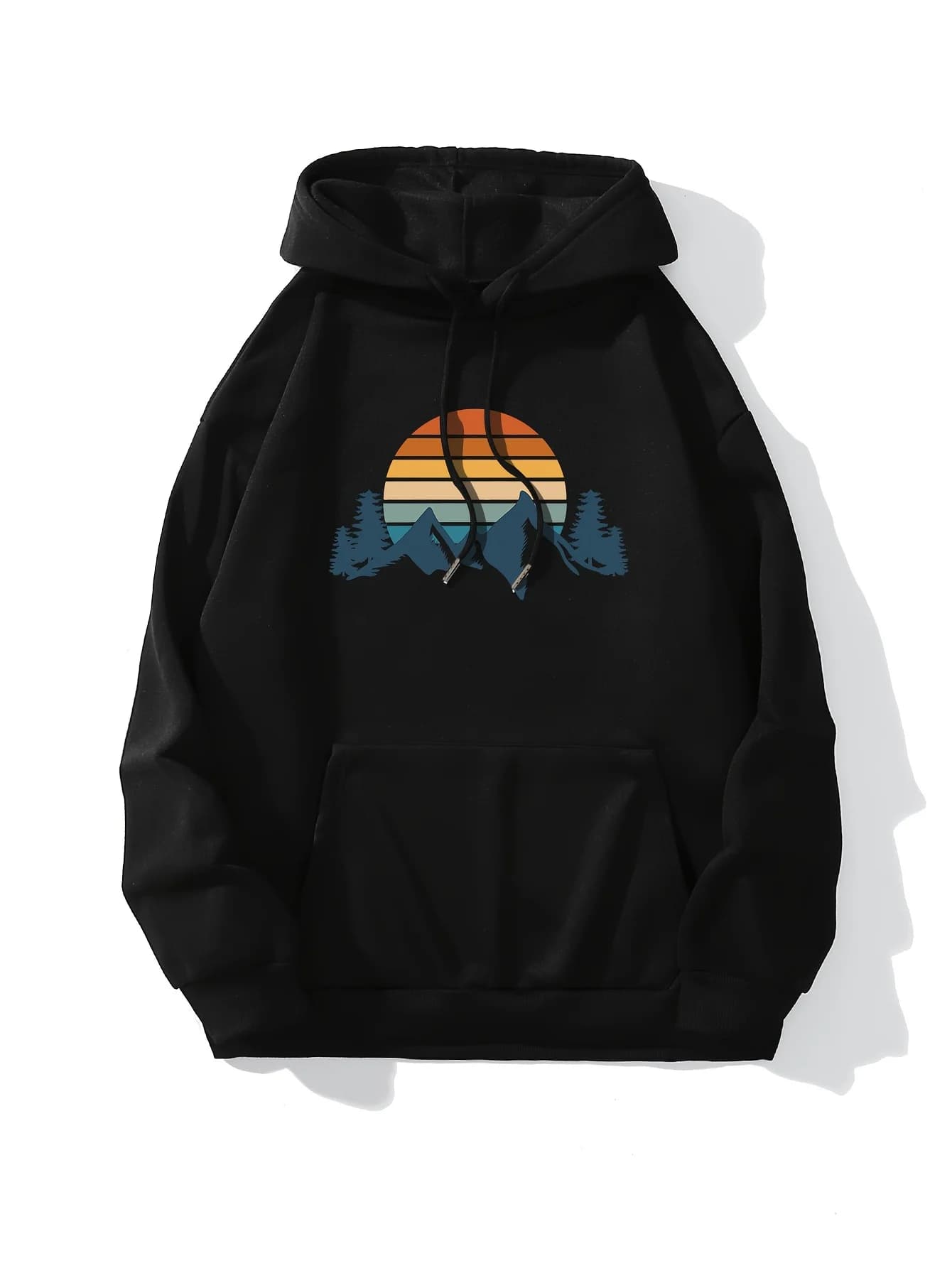 [Sudadera con cappuccio vintage Mountains] Felpa con cappuccio vintage con stampa di montagne e sole con coulisse - Felpa con tasca a marsupio da donna