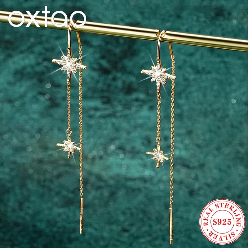 OXTAO Orecchini pendenti con nappa lunga 100% vero argento 925 catena Moissanite stella orecchio linea orecchino gioielli festa di nozze regalo per le donne
