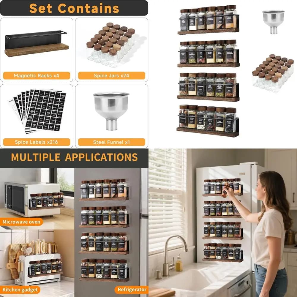 Portaspezie magnetico con 24 vasetti, 216 etichette e imbuto in acciaio - Set organizer sicuro per frigorifero e microonde