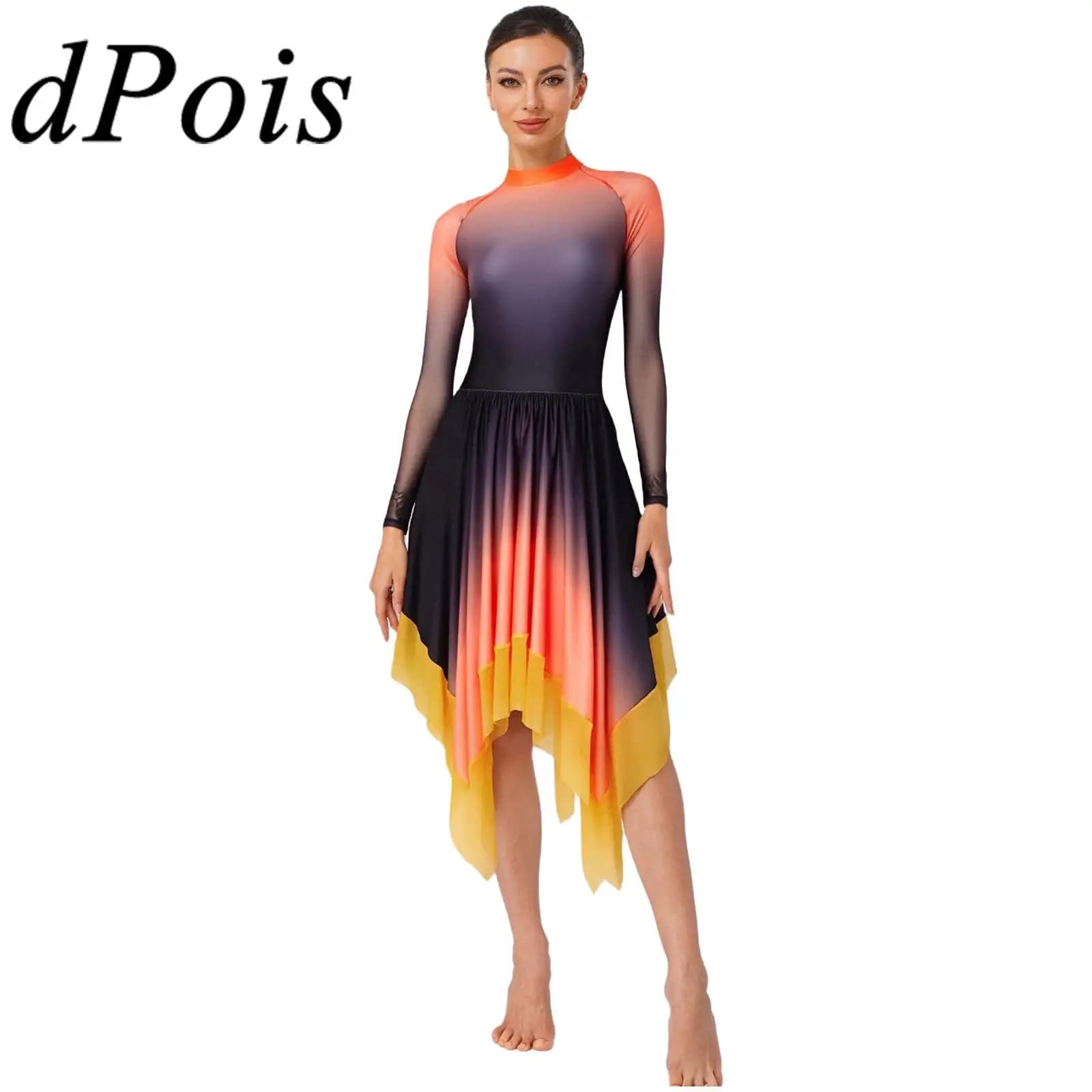 Costume da danza lirica per balletto da donna, maglia sfumata, manica lunga, orlo irregolare, body da pattinaggio di figura per abito da ballo moderno