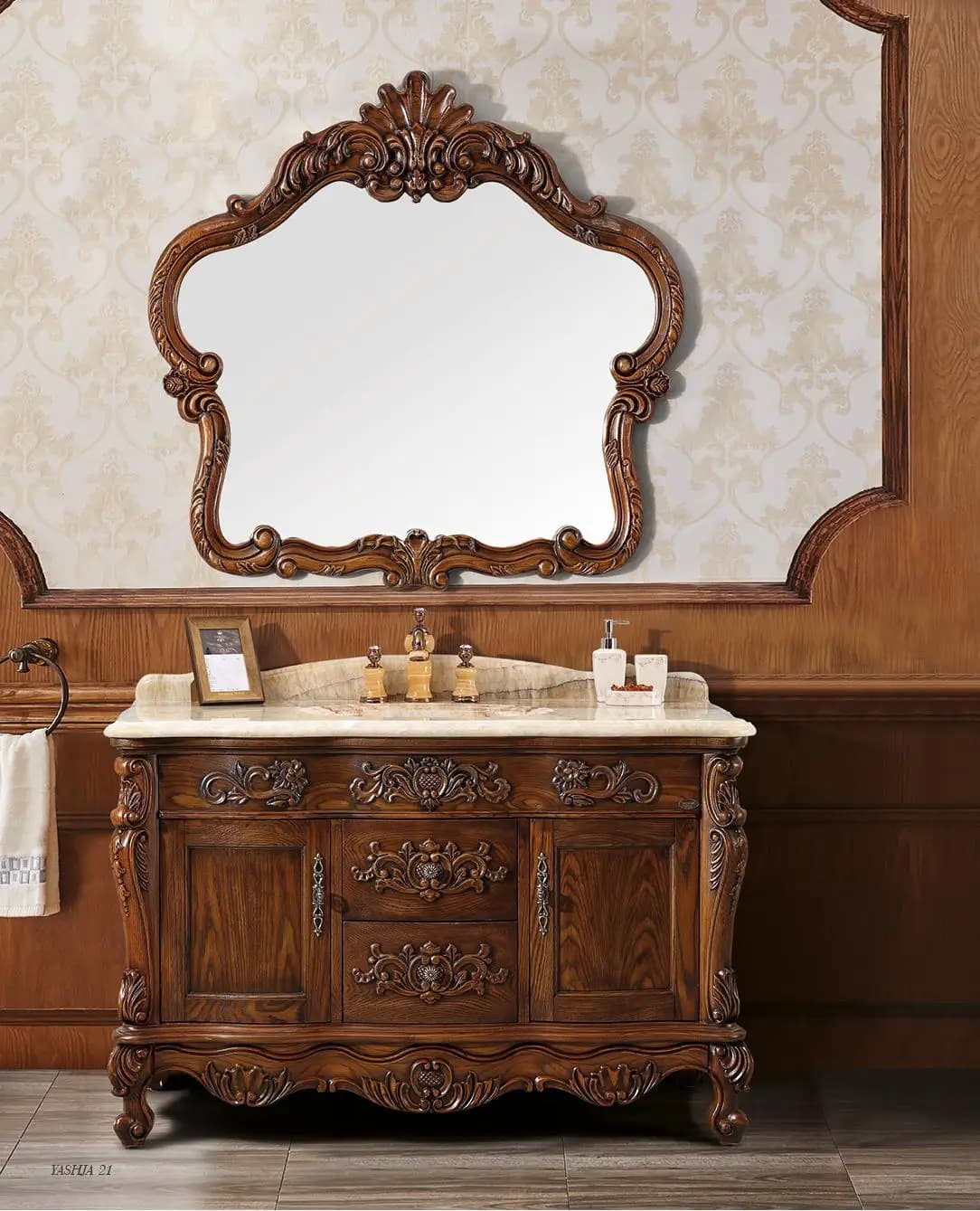 Mobiletto per lavabo in legno massello dal design europeo, specchio da bagno montato a pavimento in ceramica, set unici per lavabo laccato con pannello in legno