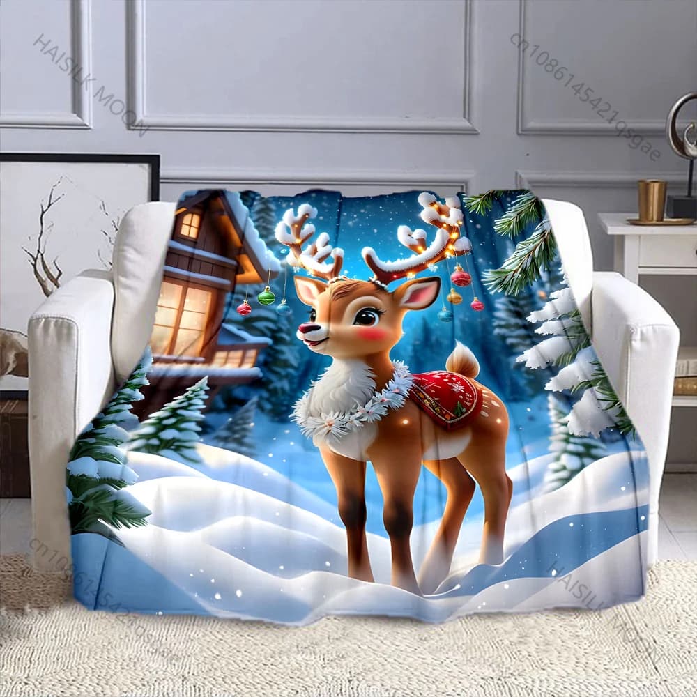 Coperta con motivo renne festive in paesaggio innevato, in flanella, morbida e calda per tutte le stagioni, casa, esterno, campeggio, picnic, camper