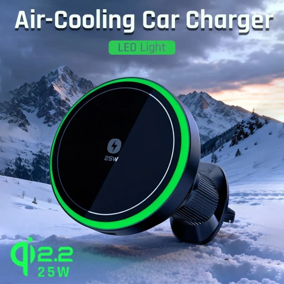 Qi2 25W Car Magnetic Wireless Charger with LED Light and Air Cooling, Phone Support for Magsafe iPhone 17 16 15 14 13 12