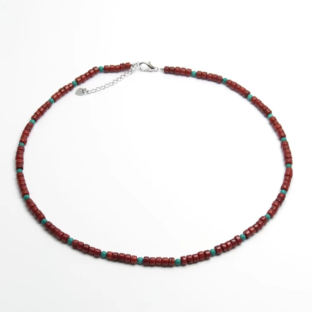 Collana in Corallo Naturale e Turchese, Corallo Rosso Tubolare 3x5mm con Perle di Turchese Rotonde 3.5mm, Gioielli alla Moda, 1 Filo