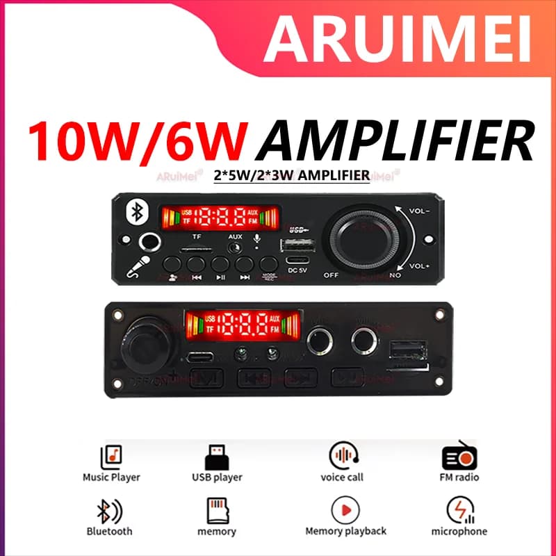 Scheda amplificatore Bluetooth a doppia potenza da 10 W/6 W MP3 WMA APE Decoder DC3.7V-5V con USB/TF/FM vivavoce per audio per auto fai da te