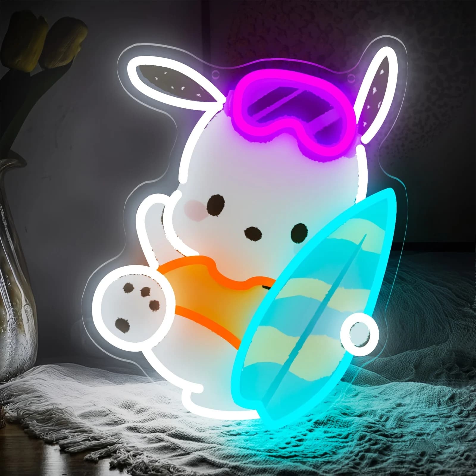 Insegna LED Neon Pochacco con Occhiali da Sole, Luce da Parete Colorata Dimmerabile per Decorazione Estiva, Bar in Spiaggia, Regalo Sanrio