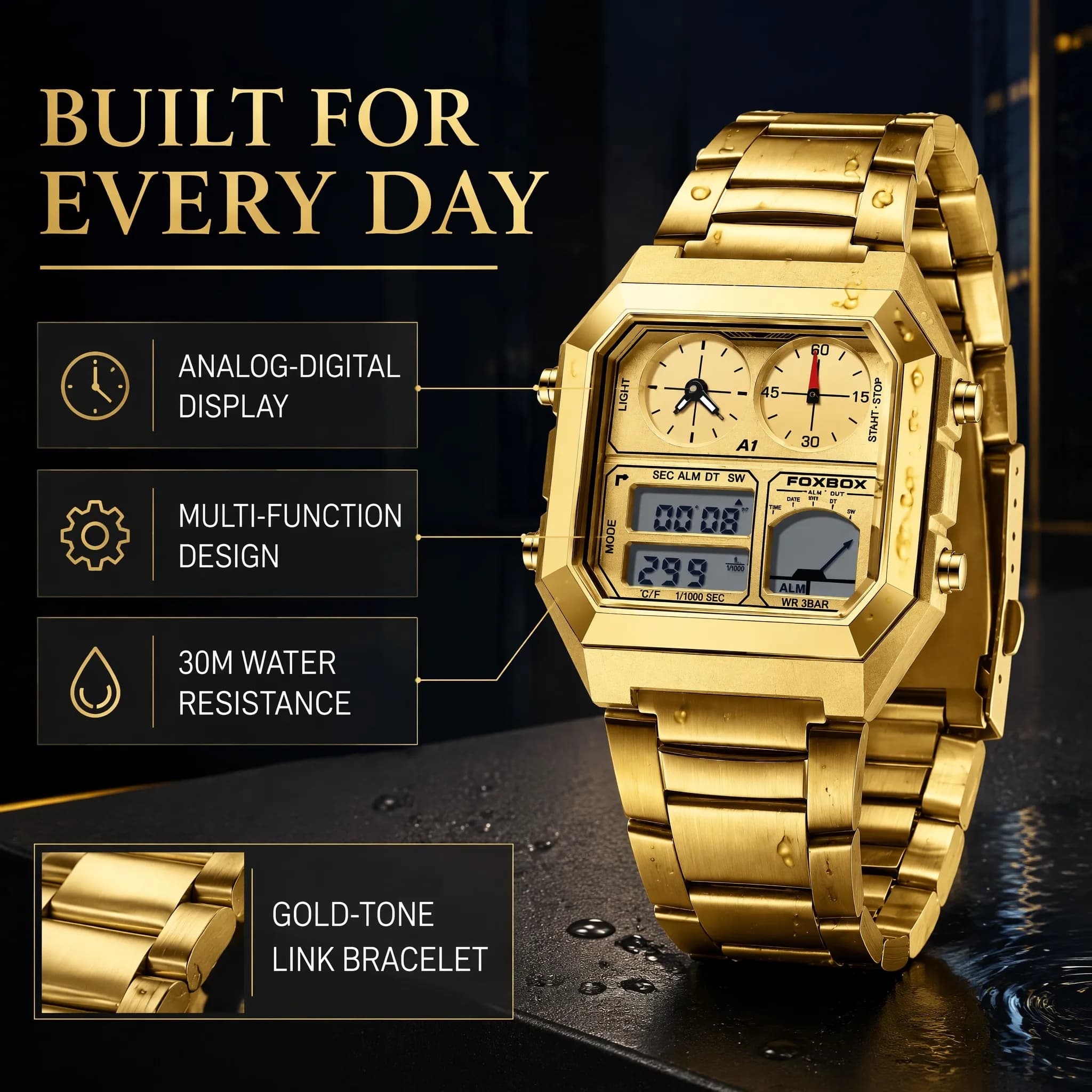 FOXBOX Luxury Man Watch Electronic Watches Square Quartz Watch LED Alarm Chronograph Gold Color Watches 30M Waterproof