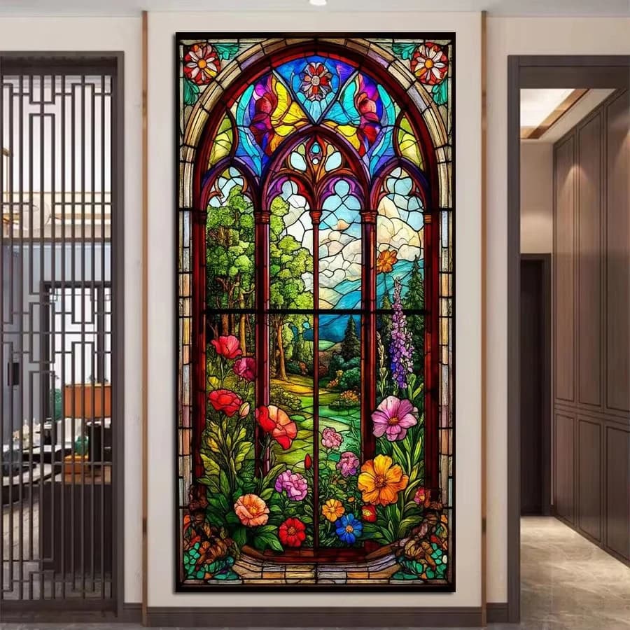 Kit Pittura Diamante Fai da Te Grande Formato con Vetro Colorato e Fiori, Paesaggio Astratto con Finestre, Quadro Ricamato a Mosaico Completo