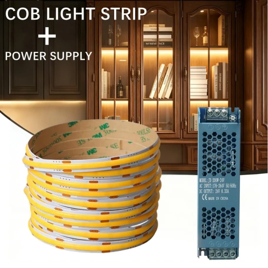 Striscia LED COB Ultra Sottile 8MM 12V 24V ad Alta Densità Dimmerabile con Trasformatore e Cavo a 2 Pin per Decorazione Domestica