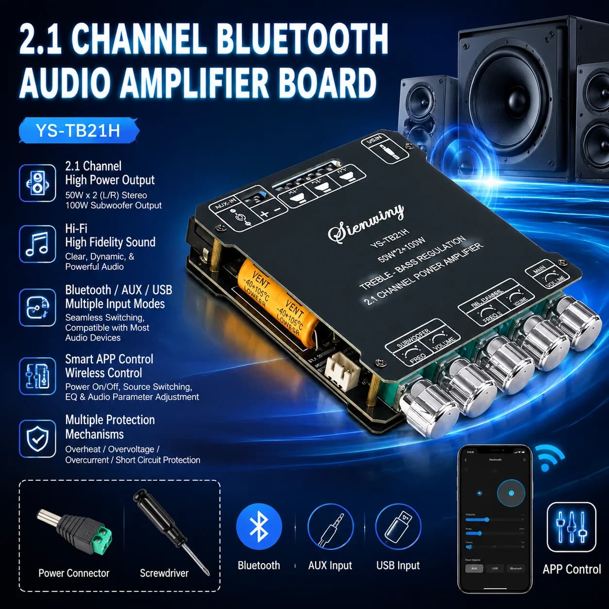 YS-TB21H 2.1CH Bluetooth Amplifier Board 200W Class D 50W*2+100W Subwoofer Bass Treble USB APP MIC KTV DC12-24V HiFi DIY Speaker