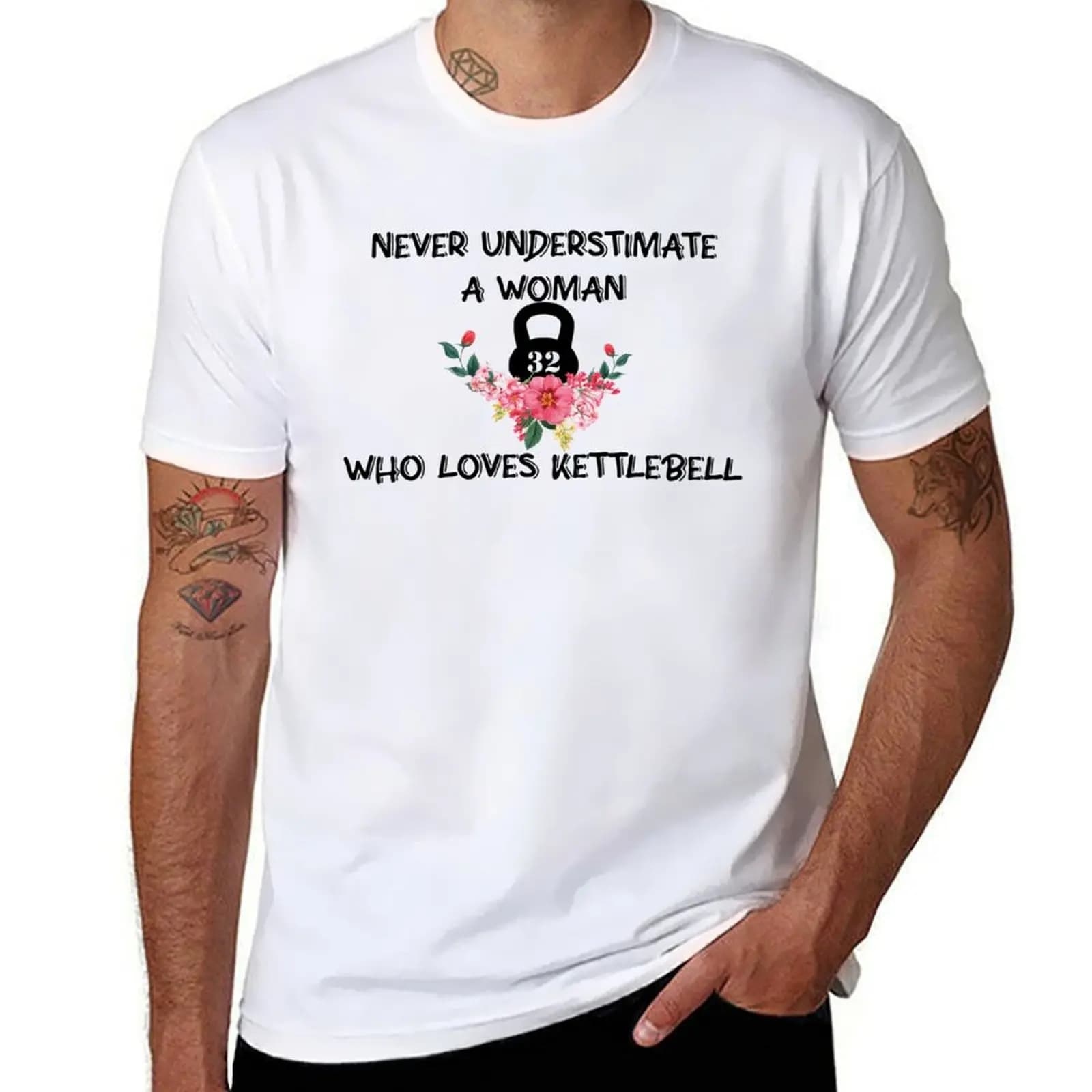 Never underestimate a woman who loves the kettlebell. Comfortable short sleeve t-shirt for training.