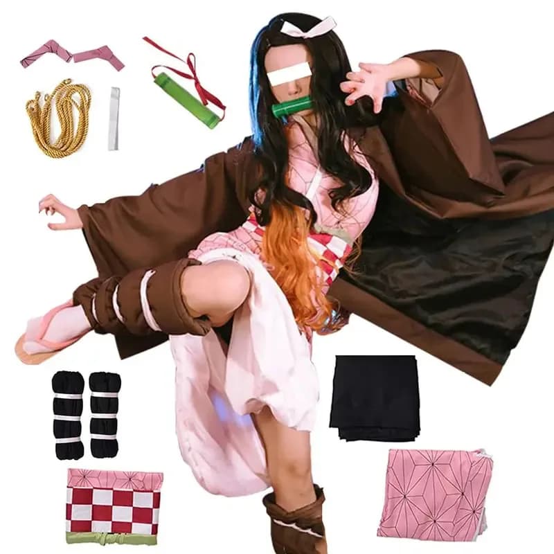 New Halloween Cosplay Anime Demon Slayer Kamado Nezuko Cosplay Costume Kimono Kimetsu No Yaiba Cosplay Wigs Hairs Halloween Carn