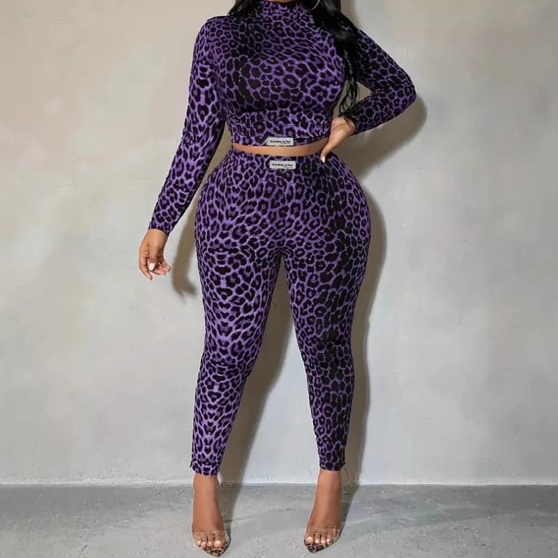 Women's Purple Leopard Printed Long SleeTve Letter Print Crop Top+High Waist Pencil Pants 2 Pcs Set Club Outfits Woman 2026