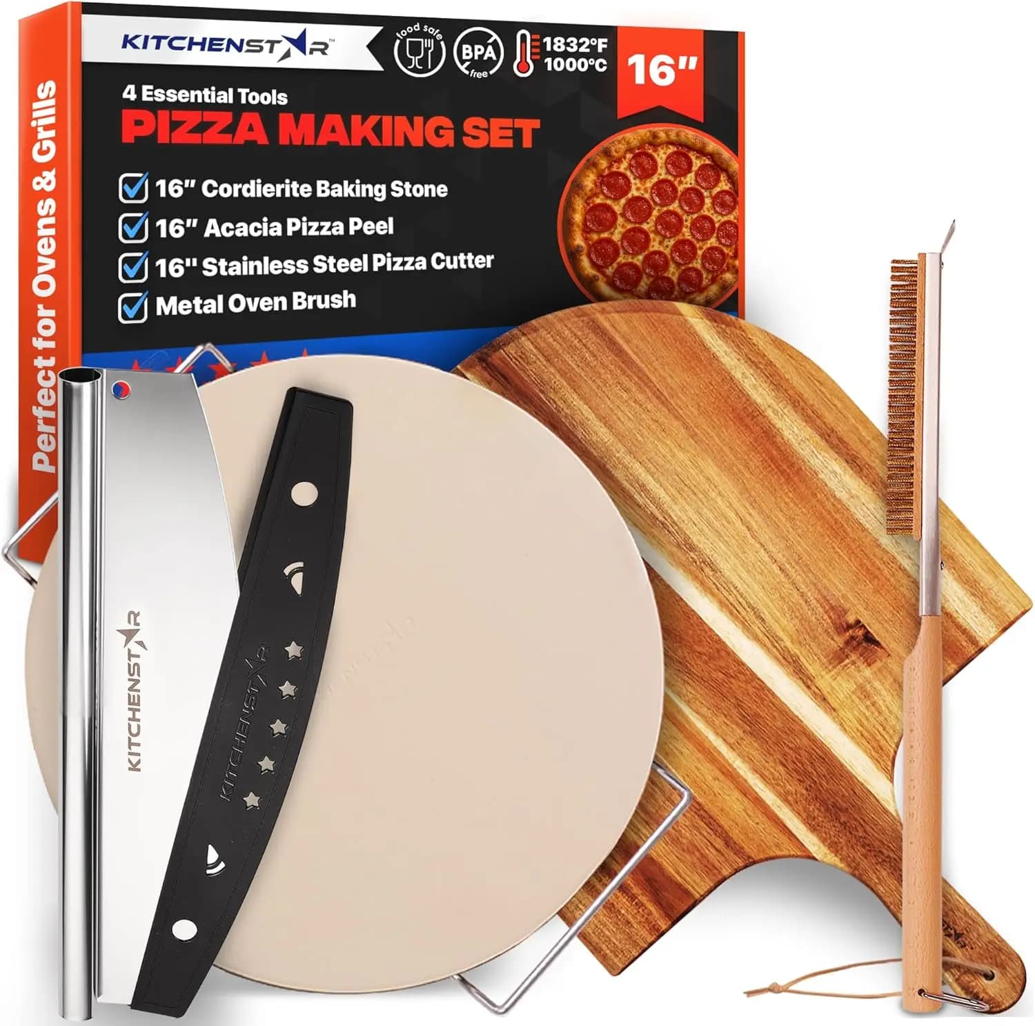 Set per pizza da 16 pollici con pietra, griglia in acciaio inossidabile, buccia di legno, taglierina e spazzola per forno e grill