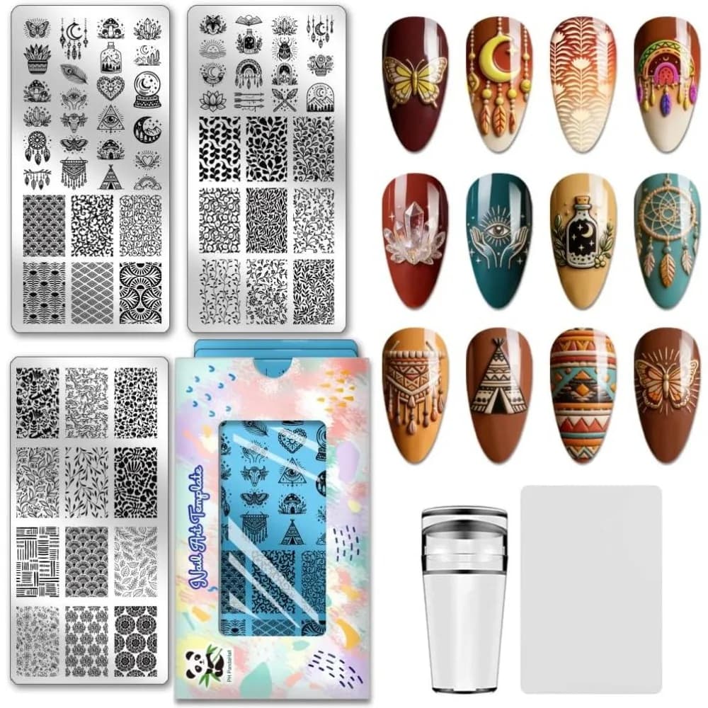 3pcs Boho Nail Stamping Plate Dreamcatcher Feather Nail Art Stencils Moon Star Nails Printing Stencils