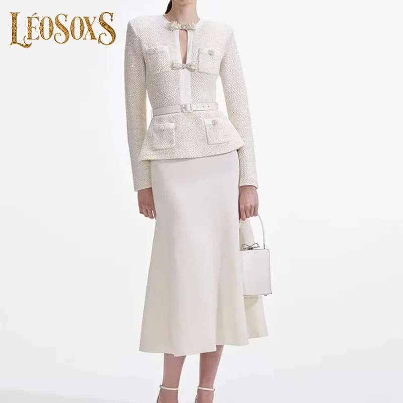 LEOSOXS Women's Coordinated Set: Long - Sleeve Tweed Jacket + Midi Skirt Bow Embellishment For Daily And Work Looks 2025