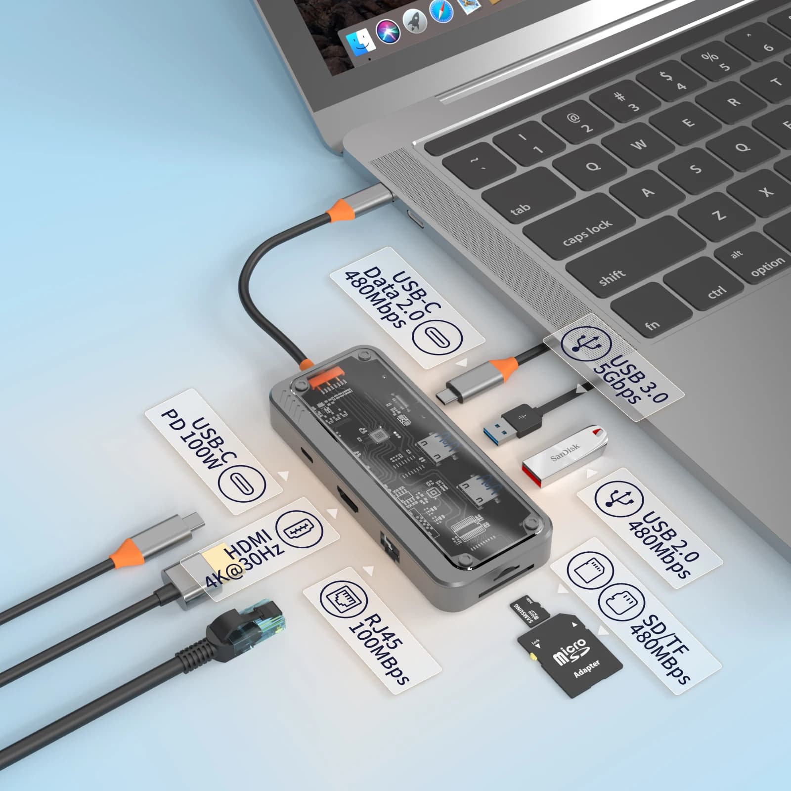 Hub USB C Basix Tipo C a porta Ethernet Adattatore PD 100W per MacBook Pro Hub USB 3.0 Laptop Tablet Docking station hub USB C