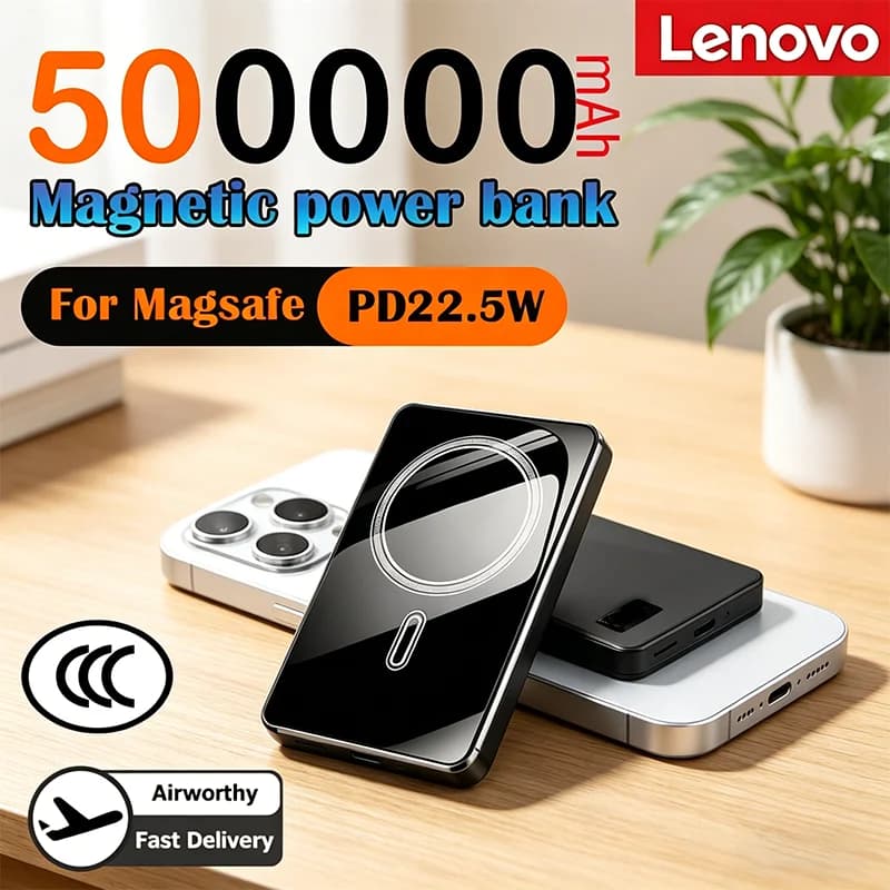 Lenovo 2026 Nuovo Power Bank Magnetico Wireless da 500000mAh con Ricarica Rapida PD22.5W, Batteria Esterna per MagSafe Samsung iPhone