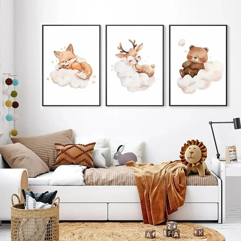 Quadro da Parete con Simpatici Animali: Procione, Volpe, Cervo - Poster per Cameretta Bambini, Immagine per Asilo Nido, Decorazione Murale per Stanza Neonato, Dipinto su Tela con Animali e Nuvole Cartoon