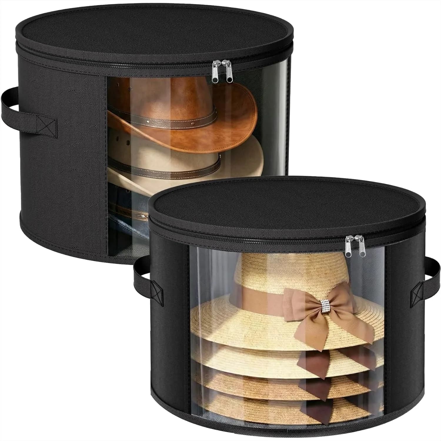 Large Clear Hat Storage Boxes for Closet, Holds 7-9 Hats with Handles for Round Brim, Cowboy, Sun Hat, Black