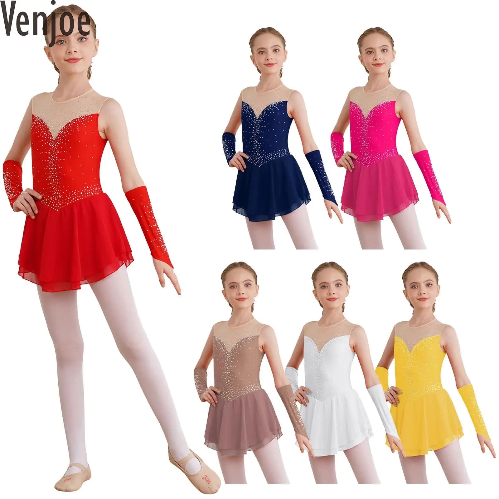 Vestito da ballo per pattinaggio su ghiaccio per bambina, body da ginnastica, abbigliamento da ballo, strass scintillanti, vestito da ballo per balletto con guanti
