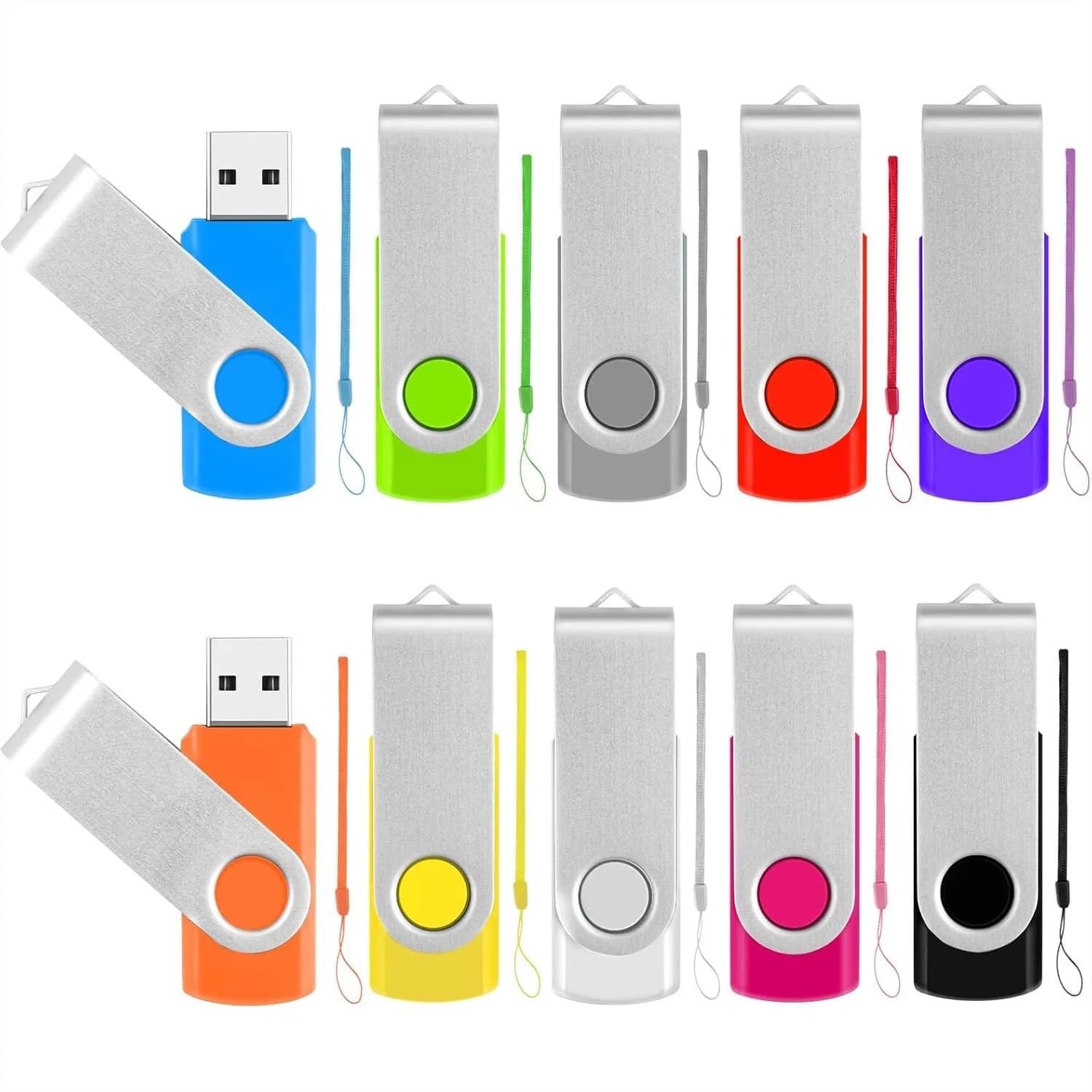 Chiavette USB da 256MB, Confezione da 10 con Laccetti, Penne USB Girevoli per Archiviazione e Trasferimento Dati, Forniture per Ufficio