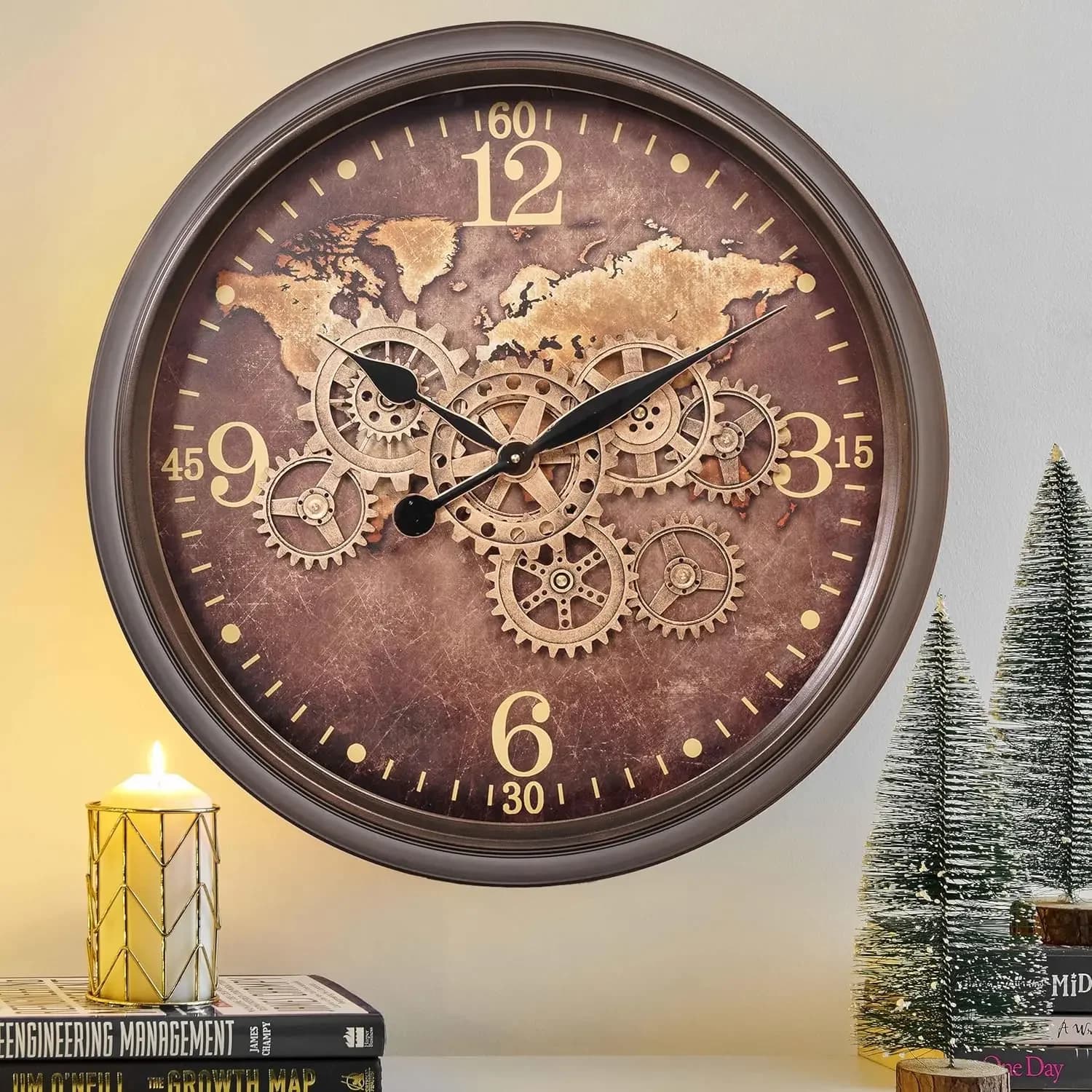 Orologio da Parete Grande 24 Pollici con Ingranaggi Mobili, Orologi Industriali con Quadrante Mappamondo, Orologio da Parete Oversize per Soggiorno