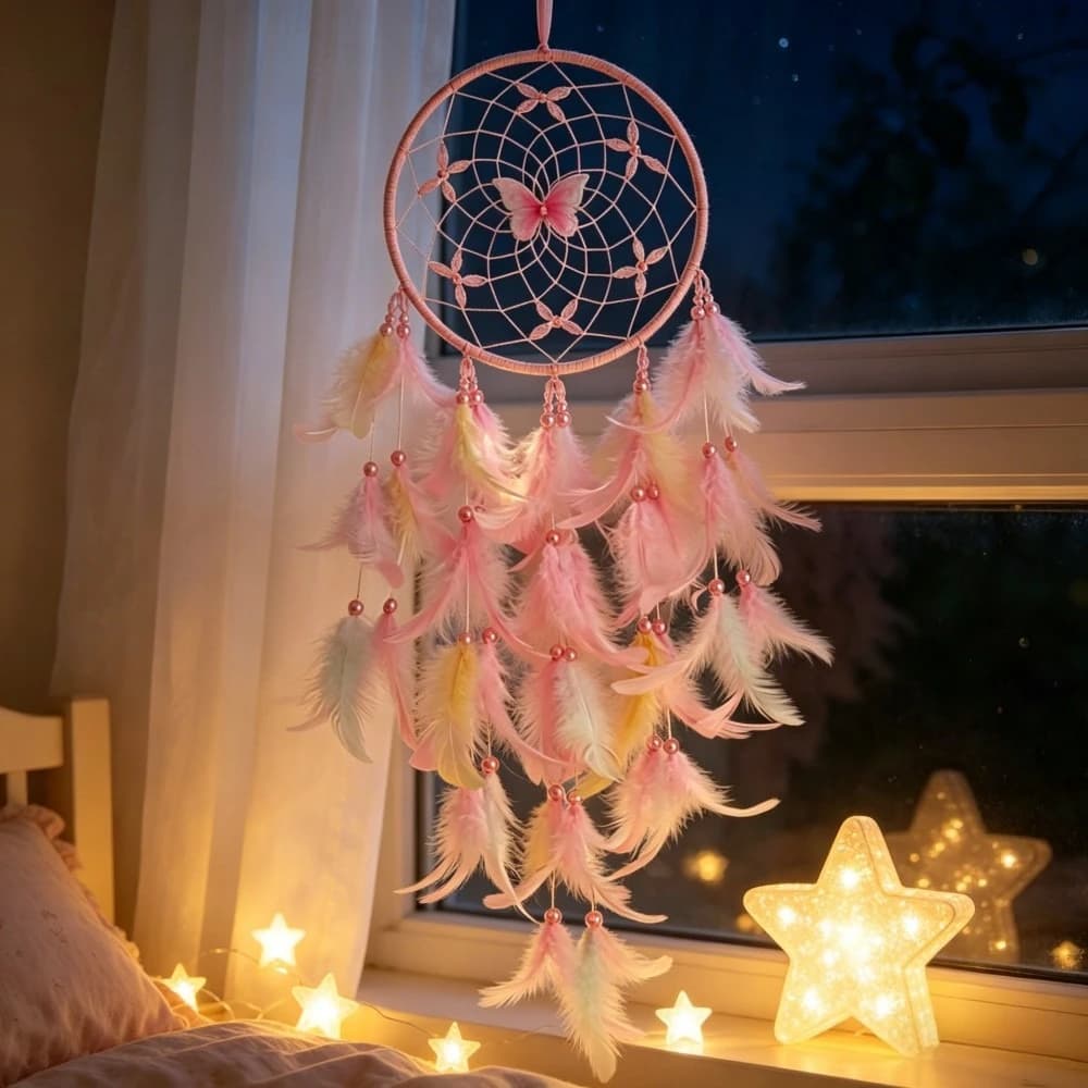 1 pc Pink Butterfly Dreamcatcher, Handmade Boho Wall Hanging with Gradient Feathers, Romantic Nursery & Bedroom Decor