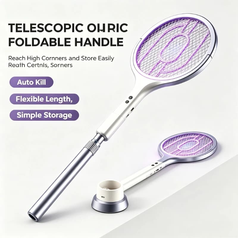 Rechargeable 2‑in‑1 Bug Zapper Telescopic Foldable Mosquito Swatter with UV Light Trap Indoor Home Auto Killing Tool