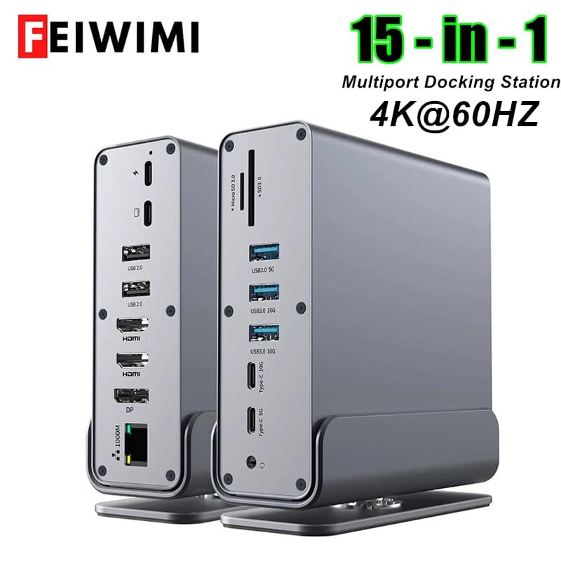 FEIWIMI 15 in 1 Docking Station USB C 4K HDMI Triple Monitor Hub USB 3.2 10Gbps RJ45 1000M 100W per Windows PC Laptop HP MacBook