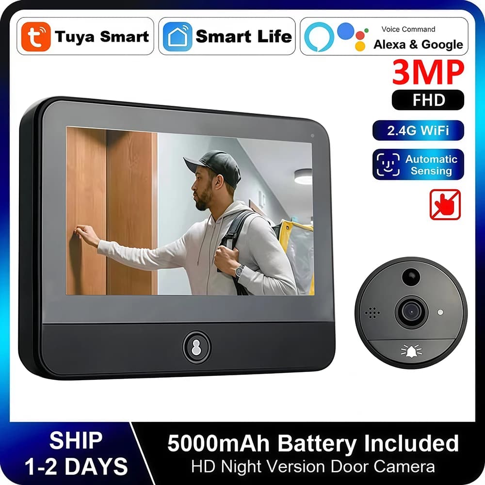 3MP WiFi Smart Tuya Spioncino 5000mAh Campanello Porta Eye Camera A Infrarossi Alexa Google Video Citofono Telecamere per porte Sicurezza domestica