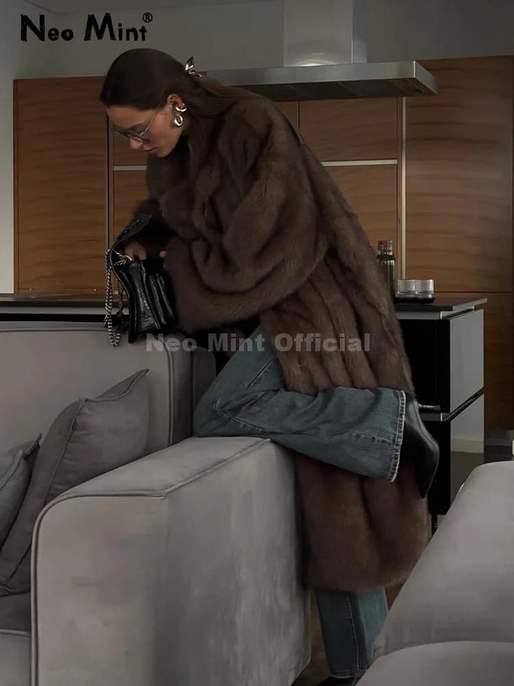 Neo Mint 2024 Winter Warm Soft Smooth Eco Women's Fur Jacket Long Face Coat Fin Road Plush Sports Dress Coat