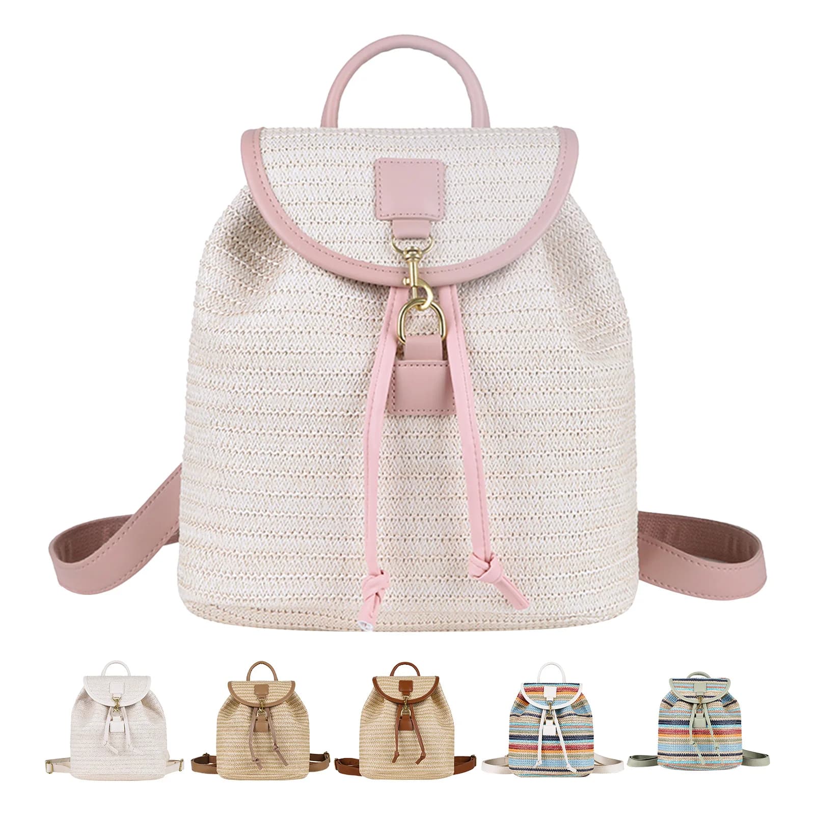 Women Striped Woven Backpack Lightweight & Portable Schoolbags Handmade Daypack for Shopping Holiday Parties Commute Daily Use