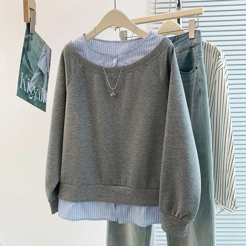 Spring Autumn Korean Design Sense Fake Two-Piece Taiwan Splicing High-End Versatile Overhead T-Shirt Mountain Hoodie Women's ...