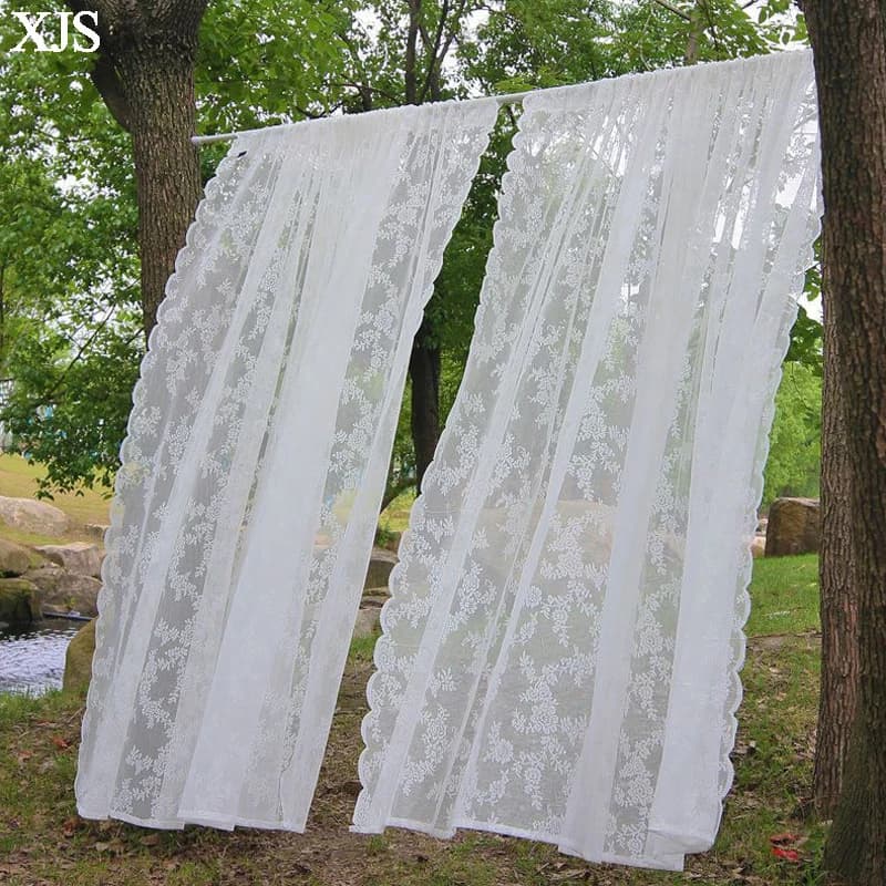 French White Lace Sheer Curtains, Rod Pocket Curtains Window Treatments Ready Made for Wedding Decor & Living Room Bedroom