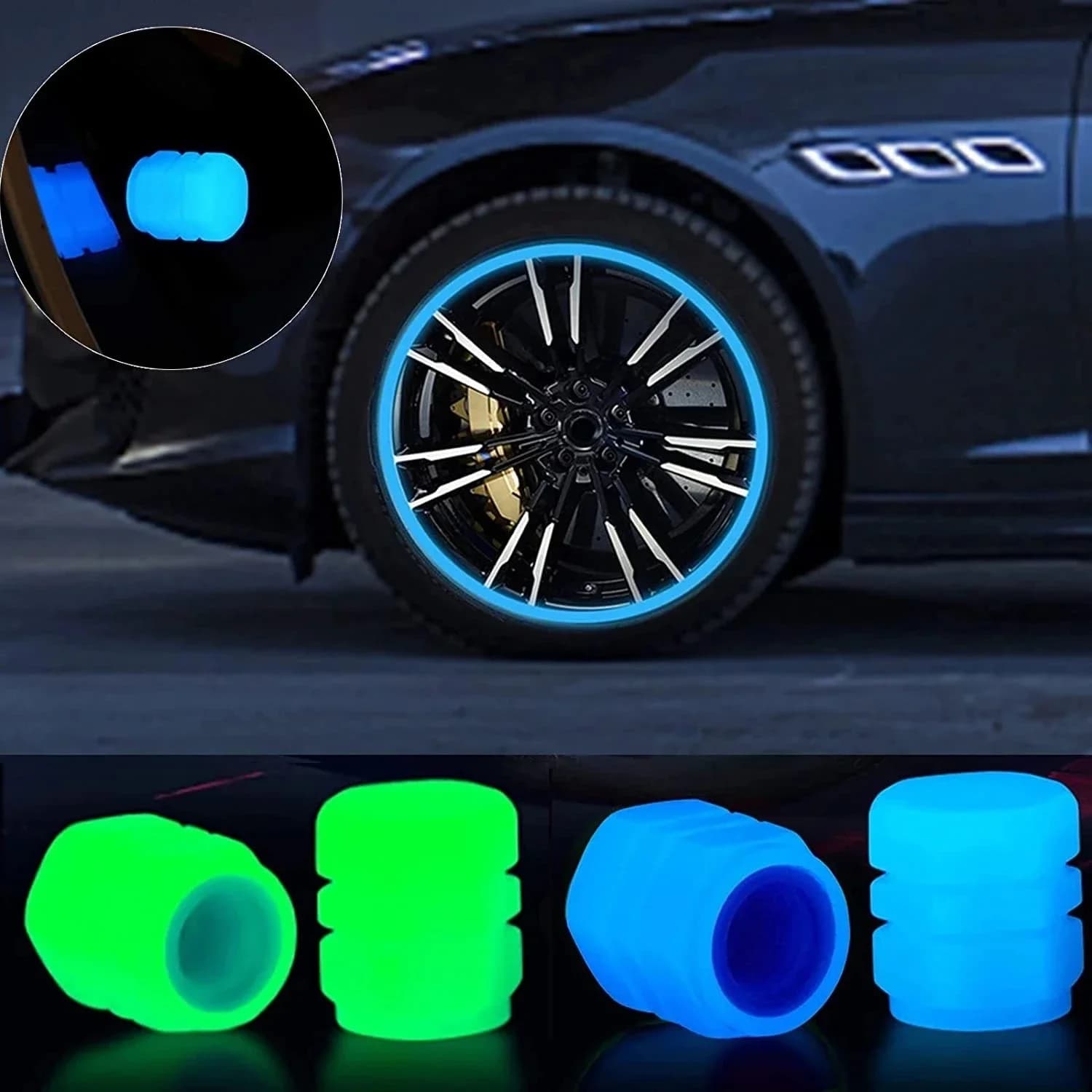 4PCS Luminous Car Tire Valve Caps Wheel Tyre Rim Stem Covers Dustproof Waterproof for Auto Motorcycle Bicycle Glow In The Dark