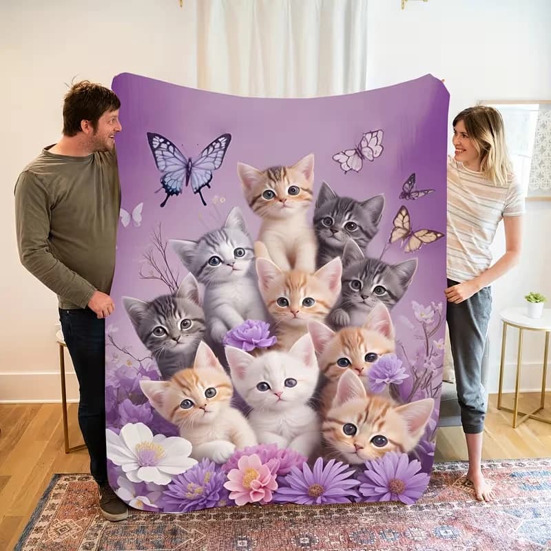 Adorable Kitten-Themed Flannel Blanket Cozy All-Season Bedding with Purple Floral Camping Travel Gift for Cat Lovers, Blanket