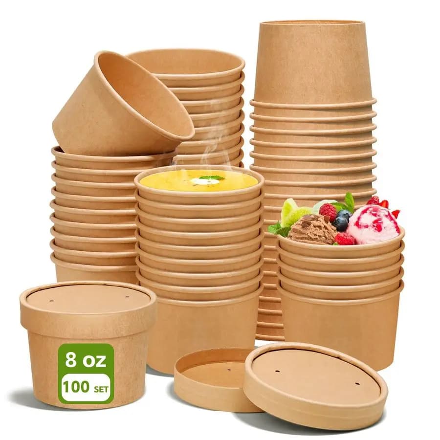 Paper soup container with ventilated lids, disposable paper food container, kraft paper soup bowls, suitable for microwave and freezer.