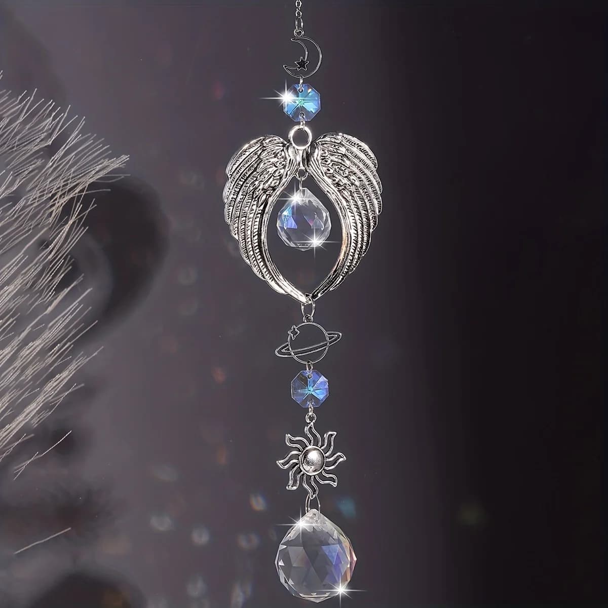 1pc Crystal Alloy Hanging Decoration Gift Angel Wings Home Gardening Decorative Glass Prism Wind Chime