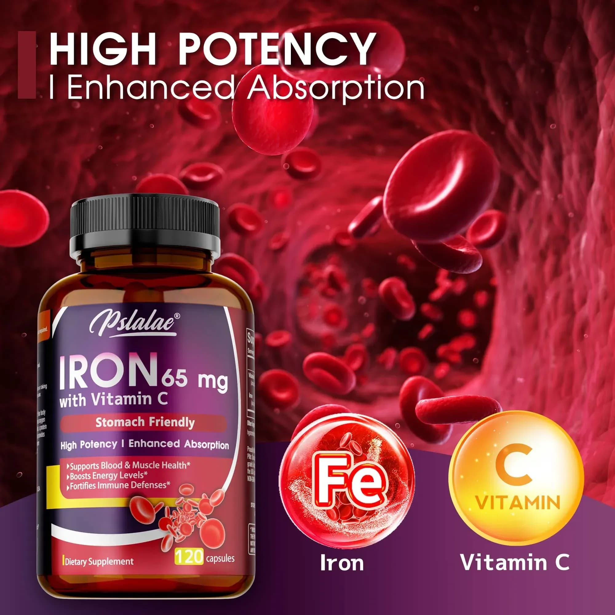 65 mg iron supplement with vitamin C: maximized absorption, increase energy and improve the supplement of immune functions
