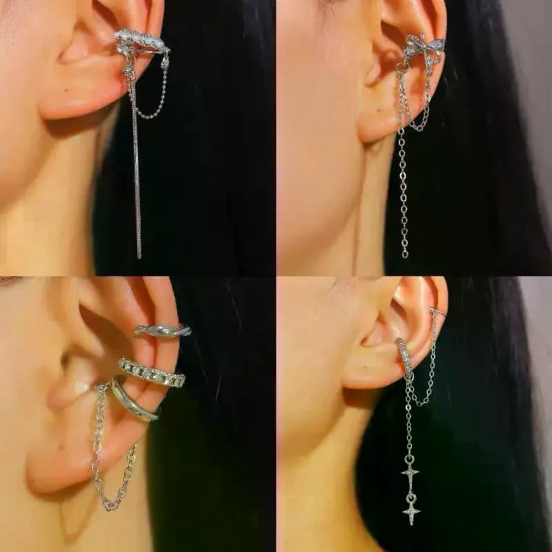 1Pc Sparkling Zircon Long Tassel Earrings Without Ear Holes No Piercing Fake Cartilage Ear Cuff Fashion Jewelry Accessories Gift