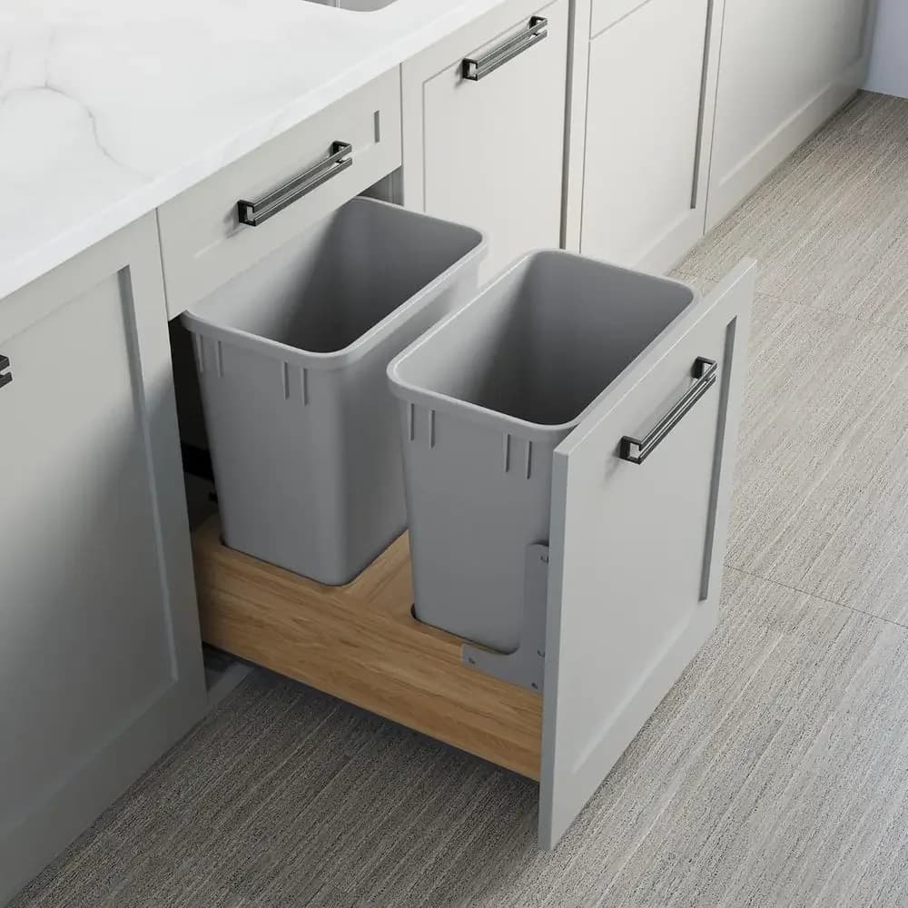 Cestino per Rifiuti con Base in Legno, Cassetto Estraibile e Due Contenitori in Plastica da 35Qt