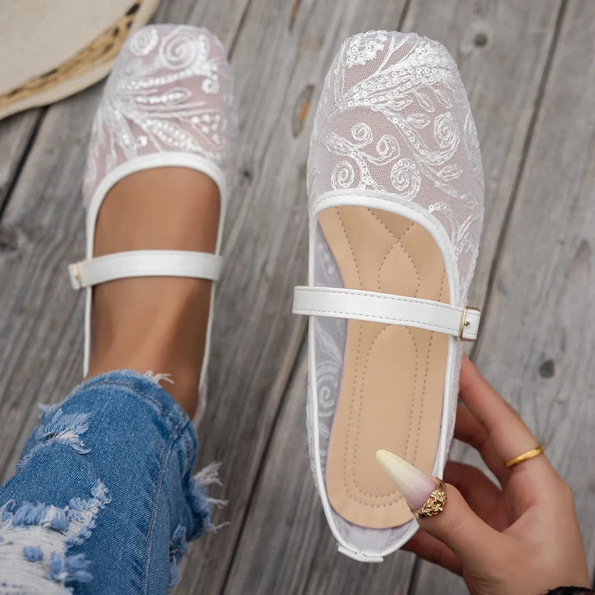 Nuove Scarpe Estive da Donna, Mocassini a Punta Quadrata di Grande Taglia, Scarpe Mary Jane Casual con Motivi Traspiranti