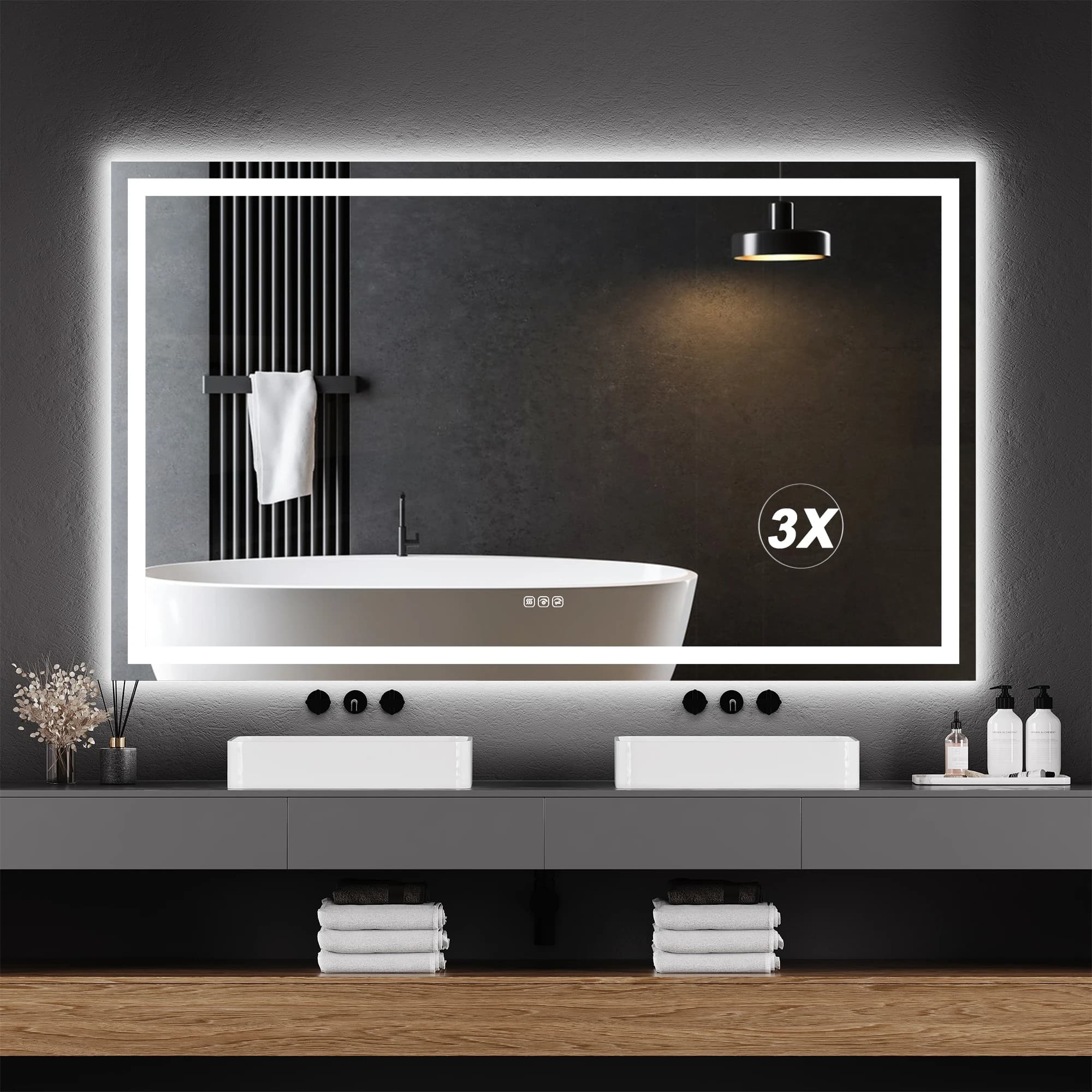 Specchio LED da Bagno 60"x 36" con Memoria, Ingrandimento 3X, Dimmerabile a Regolazione Continua, Anti-Appannamento, Illuminato con Retroilluminazione Frontale e Posteriore