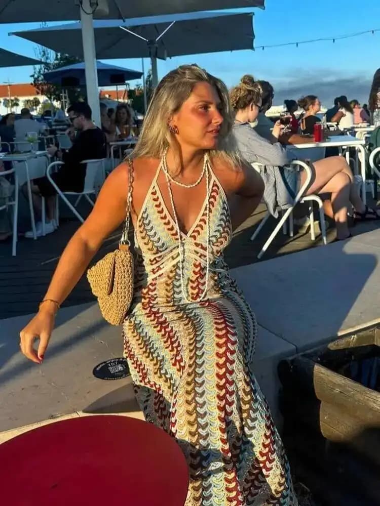 Abito lungo sexy stampato colorato con scollo a V profondo e all'uncinetto da donna, elegante, senza maniche, senza schienale, con spalline sottili, vestito slim da vacanza DQH8