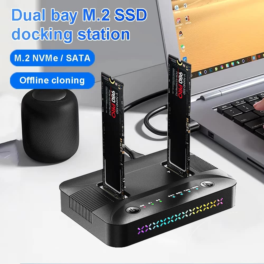 Docking station clone SSD M.2 NVME/SATA dual-bay 10Gbps USB3.2 USB C tipo C Cloner offline Duplicatore RGB NVme PCIE Custodia