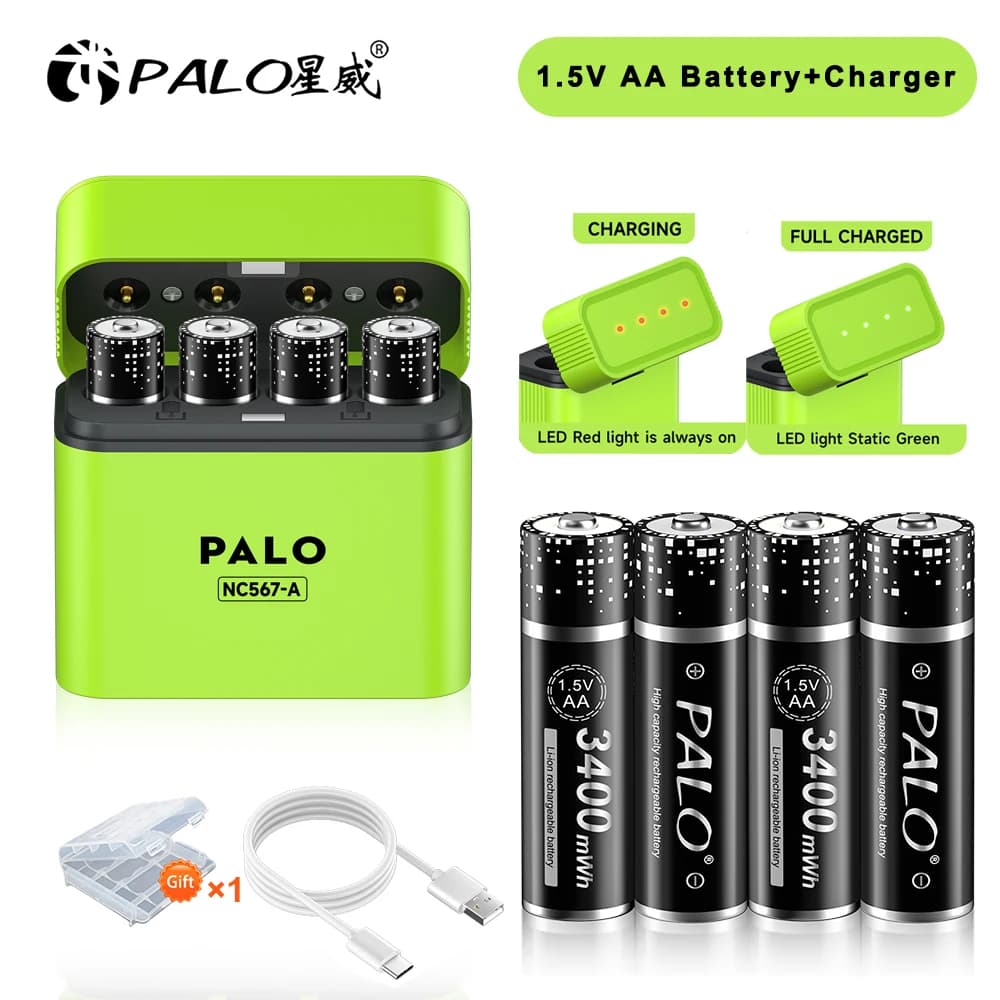 Batterie AA da 1,5 V Batteria agli ioni di litio AA Batteria ricaricabile AA da 2 A per giocattoli con serratura intelligente per telecomando con caricatore a 4 slot
