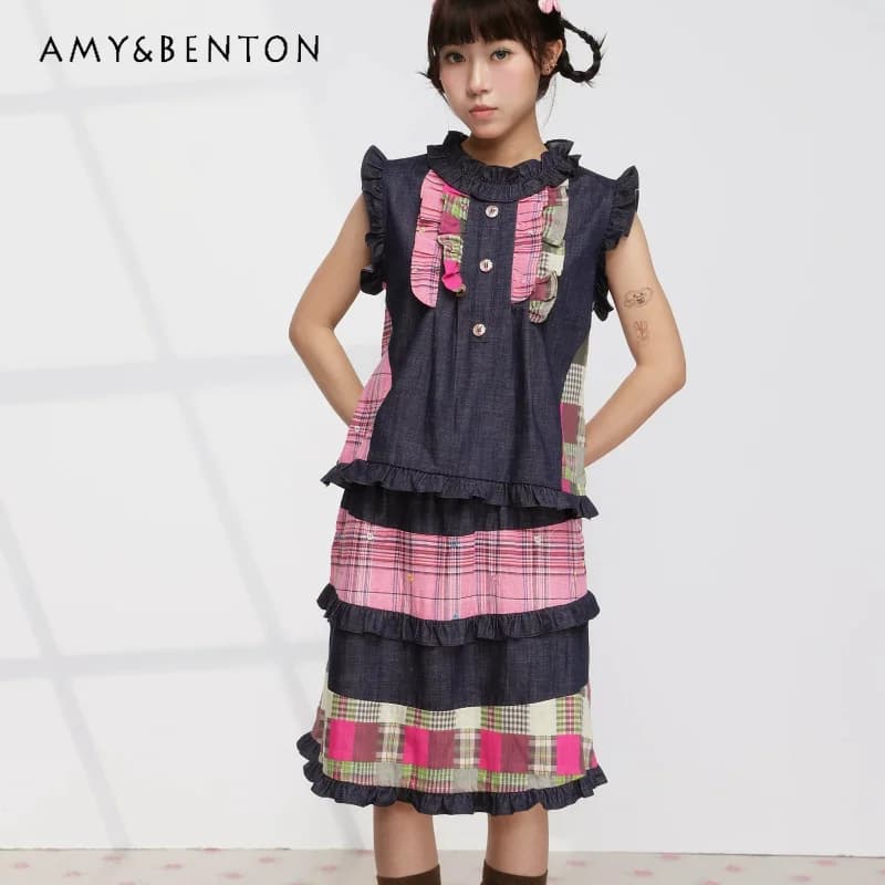 Completo gonna da donna 2026 nuovo, rosa a quadri, in denim sottile con giacca e gilet, design giapponese dolce e ampio, set gonna al ginocchio Y2K da donna